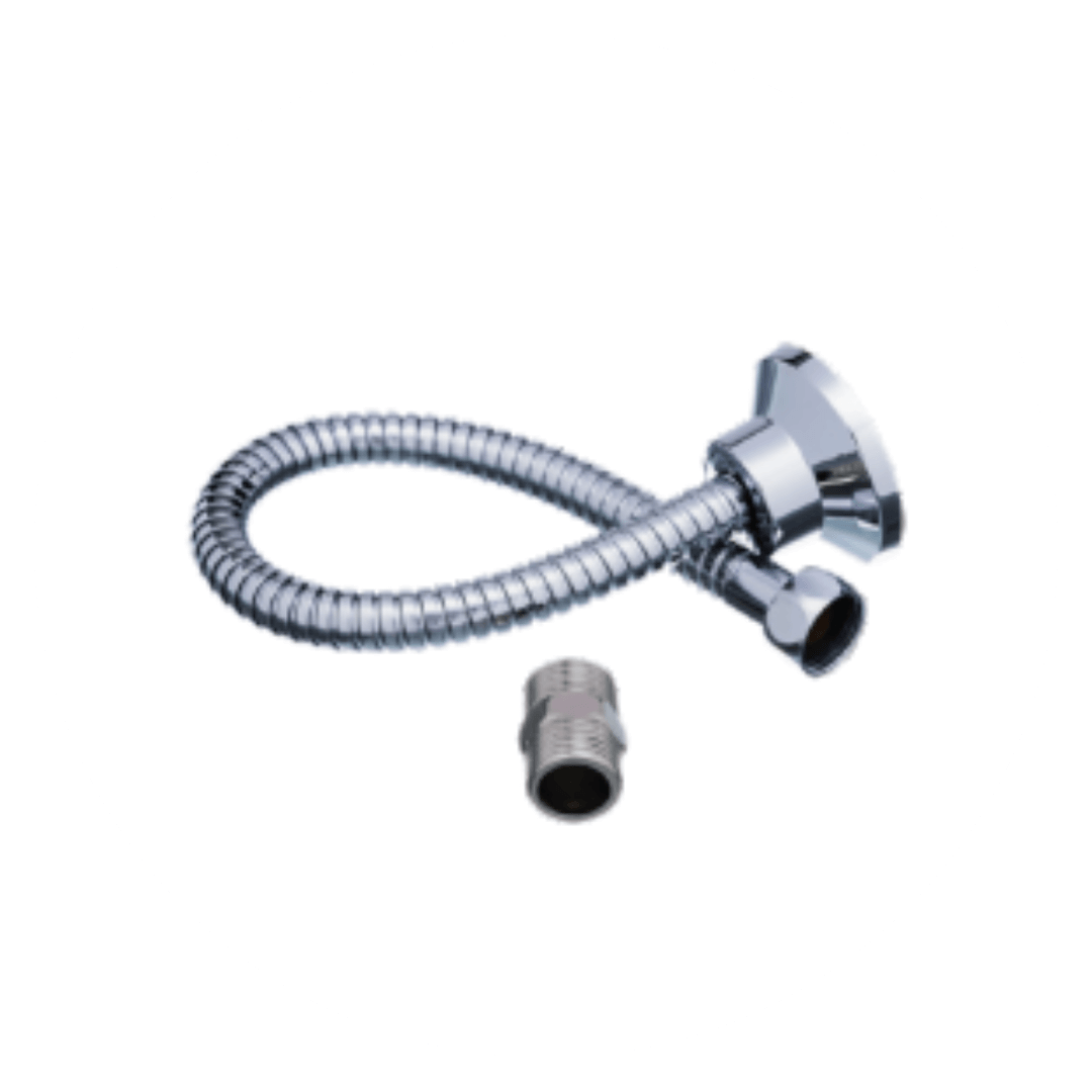 Engate flexível trançado em metal cromado com canopla de acabamento, ilustrando a linha de mangueiras de ligação hidráulica de alta resistência.